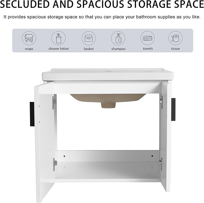 24 Inch Bathroom Vanity with Sink, 24" Floating Vanity with White Glossy Ceramic Sink, Plywood Wooden Bathroom Cabinet with Soft-Close Doors, Modern Wall Mounted Cabinet Set (White)