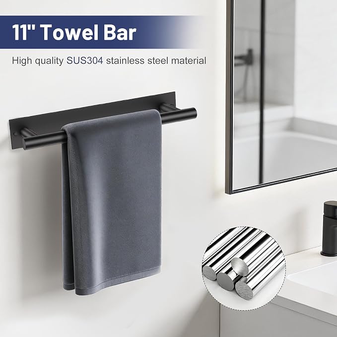 Lairuier Matte Black Bathroom Hardware Set, Adhesive or Screw Wall Mounted | Bathroom Accessories Set, Adhesive or Screw Wall Mount Toilet Paper Holder and Hand Towel Bar Holder, No Drill 2 Towel Hooks
