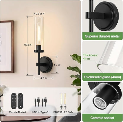 MOKATNG Battery Operated Wall Sconce Set of 2，Black Wireless Rechargeable Wall Lighting Fixtures with Remote Control，Dimmable Wall Light for Bathroom ，Vanity, Living Room, Bedroom, Hallway, Stairway