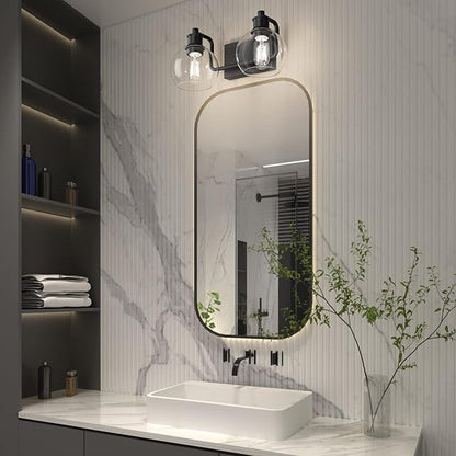 Tipace 2 Lights Industrial Bathroom Vanity Light Fixtures Over Mirror Black Vintage Vanity Lights with Globe Clear Glass Farmhouse Wall Sconces Fixture(Exclude Bulb)