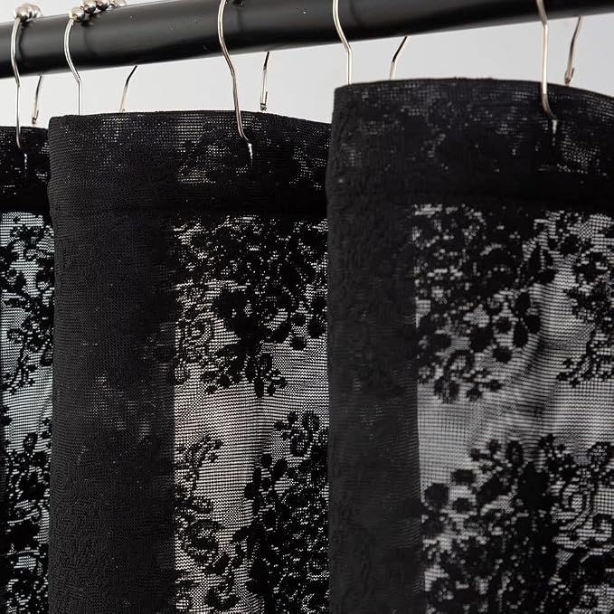 YJ YANJUN Black Lace Shower Curtain 84 inch Lenth, Gothic Bathroom Decor | Elegant Floral Lace with Attached Valance, Light Filtering, XL Sheer Bath curtain for Vintage Halloween Goth Decor, 1 Panel