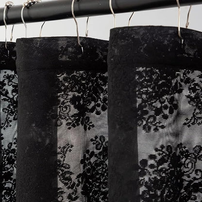 Black Lace Shower Curtain 36x72, Gothic Style for Narrow Shower Stalls | Goth Shower Curtain with Attached Vlance and Scalloped, Floral Lace, Lets in Light for Witchy Victorian Halloween bathrooms