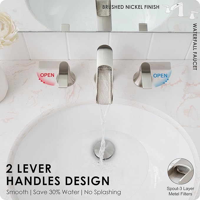 Brushed Nickel Bathroom Faucet 3 Hole, 4-8 Inch Waterfall Bathroom Sink Faucet Widespread with Drain & cUPC Supply Hose, 2 Handles for Vanity, Lavatory, Restroom, Brass Material, 10 Mins Install