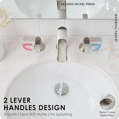 Brushed Nickel Bathroom Faucet 3 Hole, 4-8 Inch Waterfall Bathroom Sink Faucet Widespread with Drain & cUPC Supply Hose, 2 Handles for Vanity, Lavatory, Restroom, Brass Material, 10 Mins Install