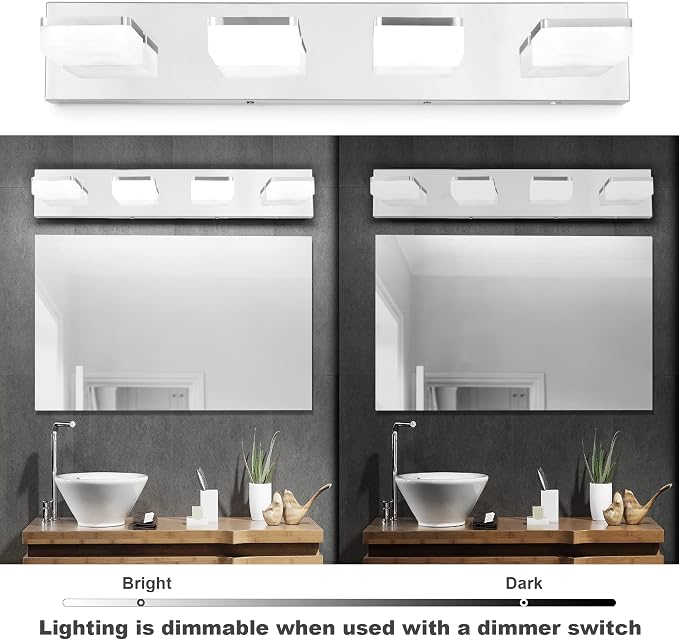 GOODATE 3 Colors Dimmable Vanity Lights for Bathroom, LED Chrome 4 Light Vanity Light, Acrylic Stainless Steel Bathroom Light Fixtures Over Mirror, Adjustable 3000K/4000K/6000K, 360° Rotate
