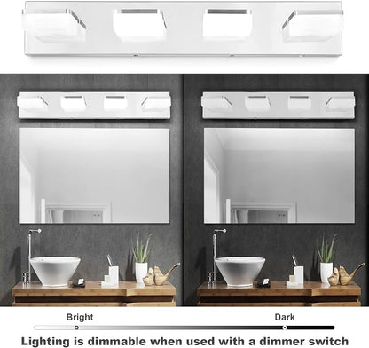 GOODATE 3 Colors Dimmable Vanity Lights for Bathroom, LED Chrome 4 Light Vanity Light, Acrylic Stainless Steel Bathroom Light Fixtures Over Mirror, Adjustable 3000K/4000K/6000K, 360° Rotate