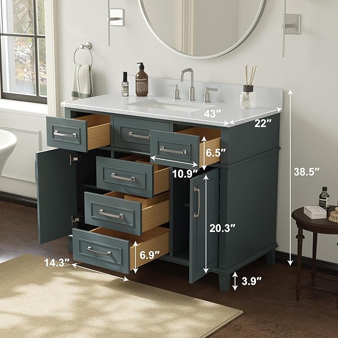42 Inch Bathroom Vanity with Sink, Fully Assembled, Green | Solid Wood Single Sink Bathroom Vanity, Modern Bathroom Sink Cabinet, Soft Close Doors & Dovetail Drawers, 0.78" Stone Top