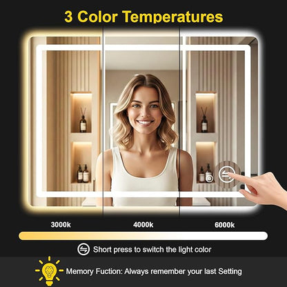 LED Bathroom Mirror with Lights - Anti-Fog, Dimmable, Backlit+Frontlit, 3 Color Light - 40"x30" Lighted Vanity Mirrors for Wall, Shatterproof Tempered Glass, Memory Function