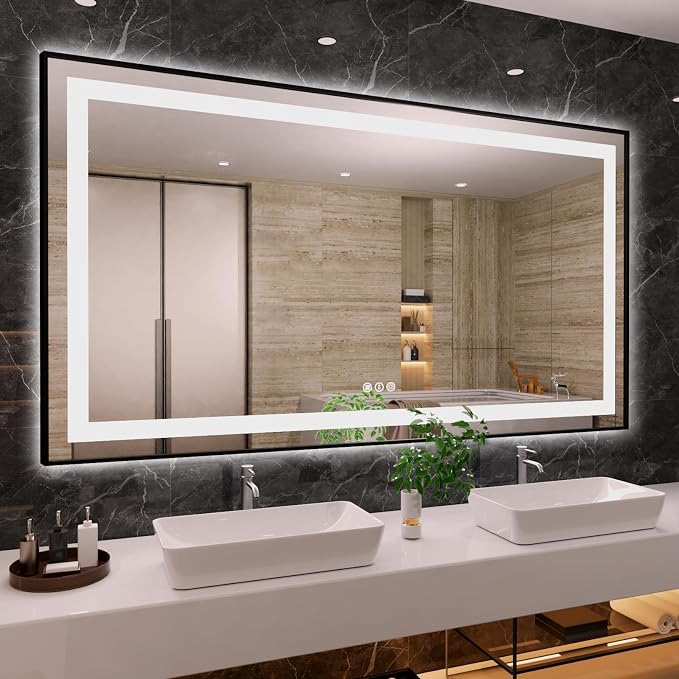 LED Bathroom Mirror, 72"X40" Front Lit and Backlit with Black Frame | Metal Framed Mirror, Stepless Dimmable, HD Reflection, Anti-Fog, Shatter-Proof, Memory, 3 Colors Lighting, UL Listed.