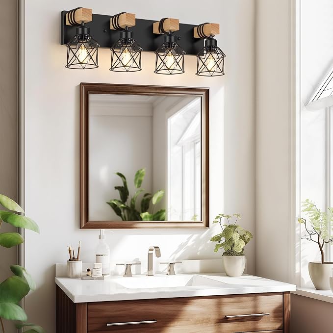 FadimiKoo 4-Light Bathroom Vanity Light Fixtures, Black Bathroom Lighting | Rustic Wood & Black Metal Shade, Wood Bathroom Lighting Fixtures Over Mirror, Wall Sconces for Bathroom Bedroom Living Room