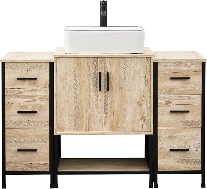 UEV 48" Rustic Oak Bathroom Vanity with Sink Combo,Industrial Iron Frame Bathroom Cabinet Sets with Double 3 Drawers Side Cabinet,Modern Artistic Ceramic Vessel Sink(031WH)