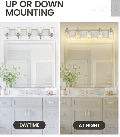 zeyu 36 Inch Farmhouse Modern Bathroom Lighting Fixture, 5-Light Bathroom Vanity Light, Brushed Nickel Finish with Clear Glass Shade, ZSL72B-5W BN
