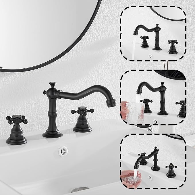 GGStudy Black Bathroom Faucet 2 Handles 3 Holes Faucet 8 inch Widespread Bathroom Sink Faucet Tap Mixer Supply Hose Included Matching Metal Pop Up Drain