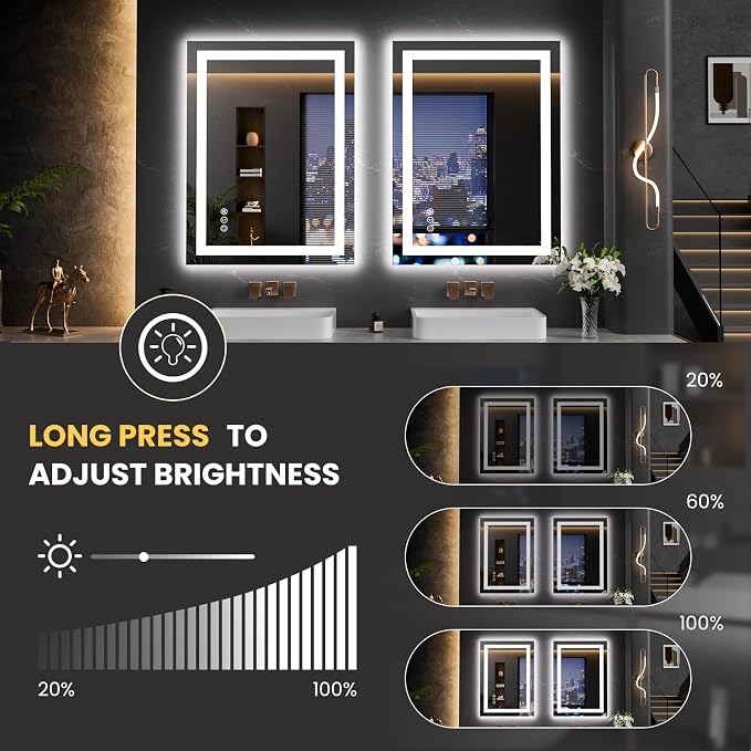 LOAAO 23.6"x31.5" LED Bathroom Mirror with Lights, UL Listed | Anti-Fog, Dimmable, 3 Color Temperature, Backlit + Front Lit, Memory Function, Tempered Glass