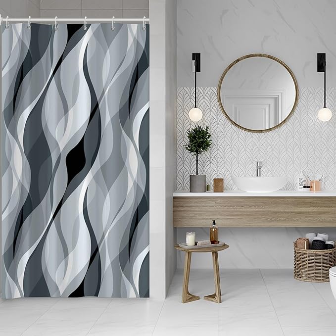 Blue Shower Curtain, Modern Abstract Blue and Grey Striped Shower Curtain Set for Bathroom Waterproof Polyester Shower Curtain with Hooks, 48x72 Inch