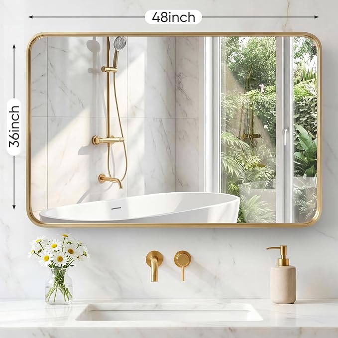 Sweetcrispy Bathroom Mirror 48x36 Inch, Vanity Mirror for Wall | Metal Framed Rounded Rectangle, Over Sink, Farmhouse Restroom, Anti-Rust, Horizontal or Vertical Hanging, Gold