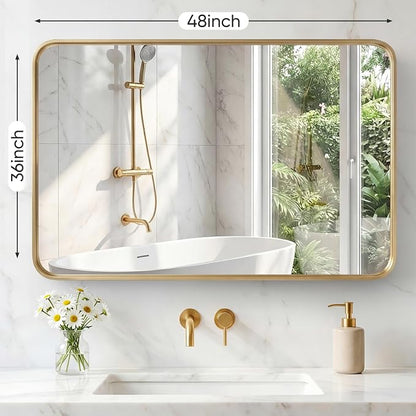 Sweetcrispy Bathroom Mirror 48x36 Inch, Vanity Mirror for Wall | Metal Framed Rounded Rectangle, Over Sink, Farmhouse Restroom, Anti-Rust, Horizontal or Vertical Hanging, Gold