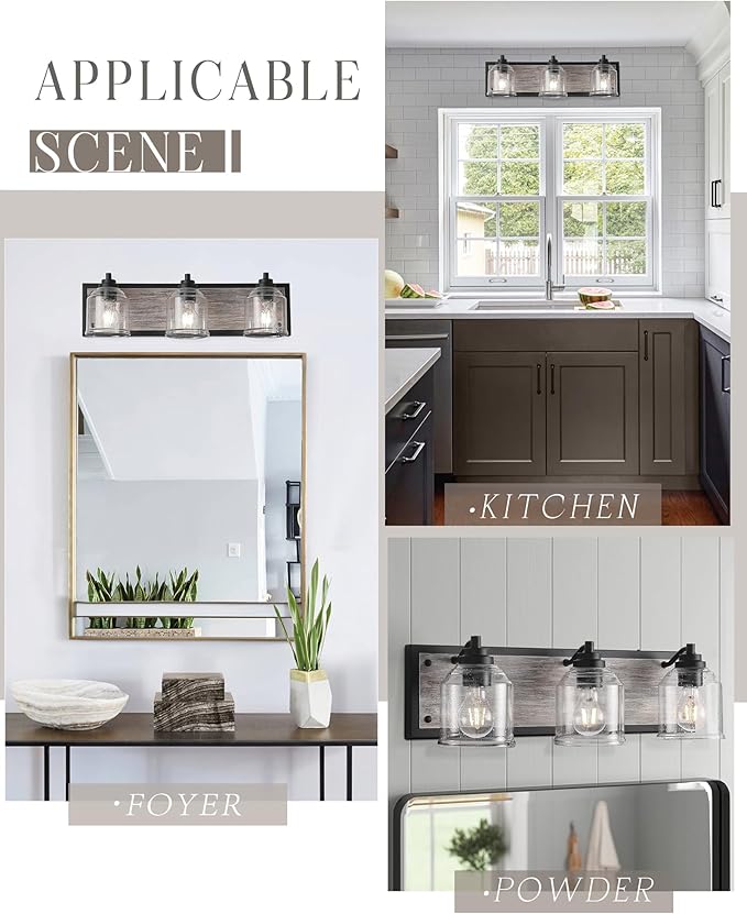 Vanity Lights for Bathroom Large 23", Farmhouse Rustic Vanity Light with Bubble Glass Shades, Gray 3 Light Bathroom Lighting Fixtures Over Mirror, Bath Wall Sconce Home Decor