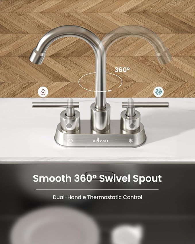 APPASO Bar Sink Faucet 4 Inch Centerset, 2 Hole Brushed Nickel with Dual Handles, 2 Handle Bathroom Faucet Small, Stainless Steel for Wet Bar Bathroom Utility Laundry Room Sink 2-Hole or 3 Holes