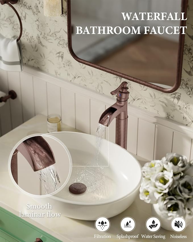 Vessel Sink Faucet Copper Tall Bathroom Faucets Waterfall Single Handle | 1 Hole Farmhouse Antique with Pop up Drain Assembly and Supply Lines Mixer Tap Without Overflow Counter Top by Homevacious