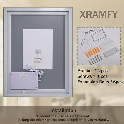 XRAMFY 32''X24'' LED Bathroom Mirror, Wall Mirror with Lights | Wall Mirror with Front and Backlight, 3 Colors Vanity Mirror with Lights, Anti-Fog Wall Mirror for Bathroom