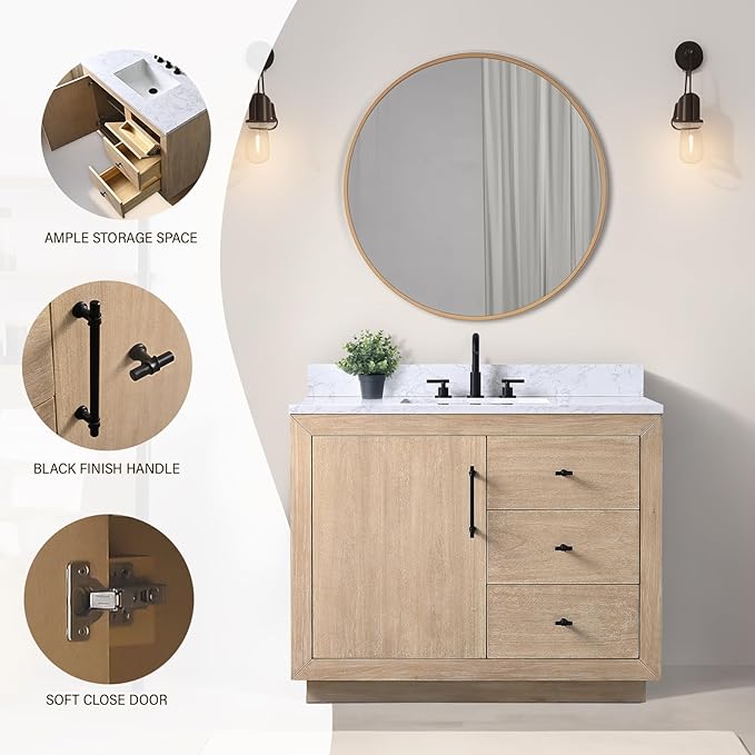 HOMEBEYOND 42 Inch Bathroom Vanity with Single Sink & Ceramic Top, MDF Material Vanity Cabinet with Basin Combo, Soft-Closing Doors, Removable Shelf, Backsplash