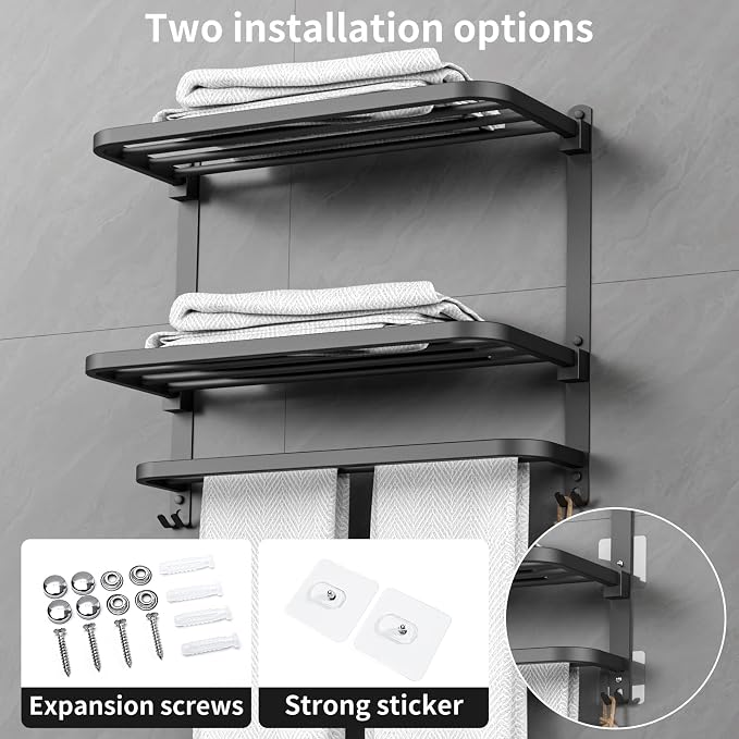 CAXIMSY 22.8Inch Towel Rack for Bathroom and Lavatory Towel Hanger with Wall Mount Towel Bars 304 Stainless Steel No Drill (Collapsible Black Towel Rack)