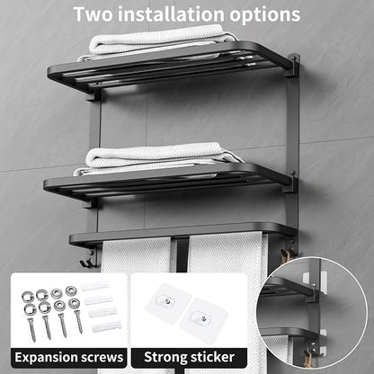 CAXIMSY 22.8Inch Towel Rack for Bathroom and Lavatory Towel Hanger with Wall Mount Towel Bars 304 Stainless Steel No Drill (Collapsible Black Towel Rack)