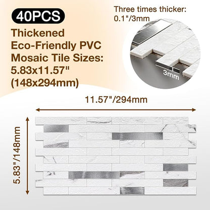 Peel and Stick Backsplash Tile Waterproof Removable PVC Wall Sticker 3D Faux Stone Marble Brick White Accent Panels (Rough White Marble - Metal Silver, 40 Tiles - 18 sq. ft. (1.68 m²))