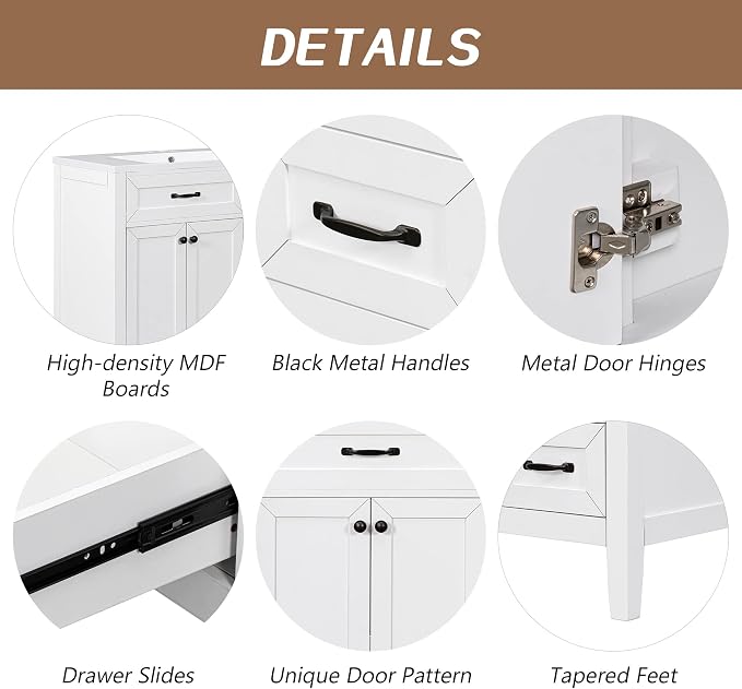 36 Inch Bathroom Vanity Without Sink, Base Only, Storage Cabinet with Doors and Drawers, White