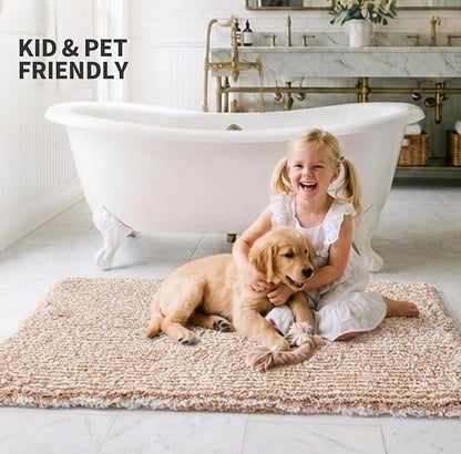 ILANGO Beige and White Bathroom Rugs 36" × 24" Non Slip & Super Absorbent Extra Thick Soft, Washable Bath Mat for Floor, Microfiber Plush Shaggy Bath Rug with Rubber for Bathtub Shower Room Sink