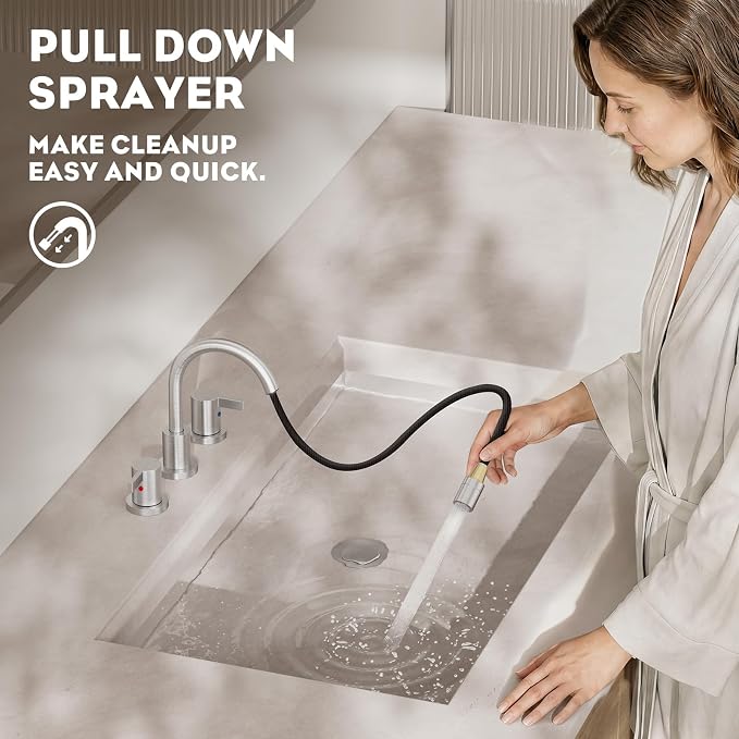 Pull Down Sprayer Brushed Nickel Widespread Bathroom Sink Faucet, 8 Inch 2 Handles 3 Hole Pull Out Bathroom Faucet,with Pop Up Drain and Water Supply Line,BF04022-K01-GBN