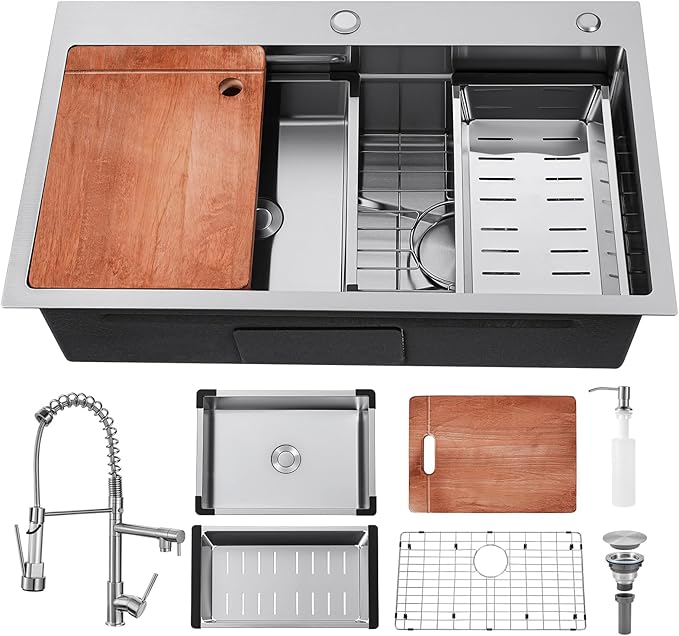 Kitchen Sink 30 Inch Drop In Kitchen Sink With Faucet Modern Stainless Steel Sink Top Mount Workstation Single Bowl Kitchen Sinks