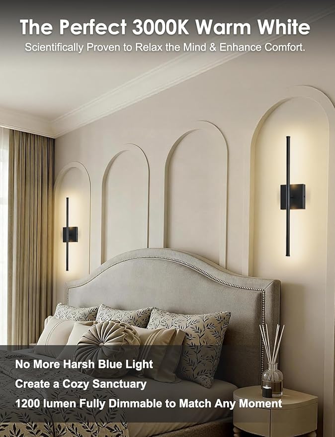 20.4 Inch Hardwired Wall Sconces Set of Two, 3000K Warm White Dimmable Modern Wall Sconces, 350° Rotate LED Light Fixtures Wall Lamp for Bathroom Living Room Bedroom Bedside, Black