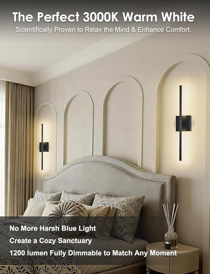 20.4 Inch Hardwired Wall Sconces Set of Two, 3000K Warm White Dimmable Modern Wall Sconces, 350° Rotate LED Light Fixtures Wall Lamp for Bathroom Living Room Bedroom Bedside, Black
