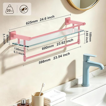 Bathroom Glass Shelf Towel Rack Shelf Glass Organizer Wall-Mounted Bathroom Storage SUS304 Stainless Steel Towel bar/Track Wall-Mounted Tempered Glass Stainless Steel Shelf (Pink, 24‘’ with Railing)