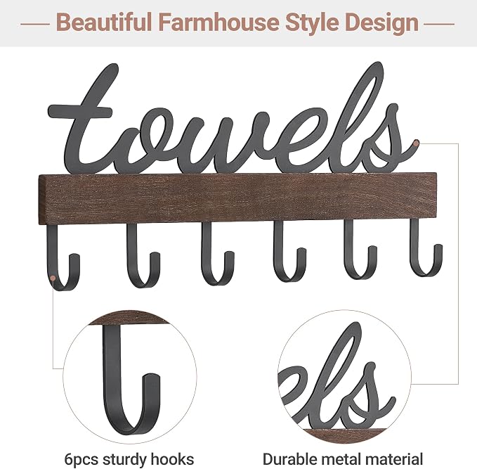 Dahey Small Towel Rack with 6 Hooks Wall Mounted Wooden Holder for Bathroom | Rustic Wood & Metal Hooks, Easy Mount, Space-Saving, Versatile Storage, Hanger for Bathrobe Clothes, Farmhouse Bathroom Decor