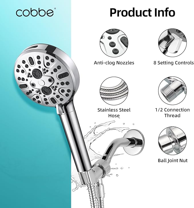 Filtered Shower Head with Handheld - High Pressure 9 Spray Modes Showerhead with 16-Stage Water Softener for Hard Water - Purifying Detachable Hand Held Shower Head, Chrome