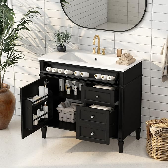 36'' Bathroom Vanity with Top Single Resin Sink Countertop, Solid Wood Frame Modern Storage Cabinet, Tip-Out Drawer, Soft Closing Doors, Black