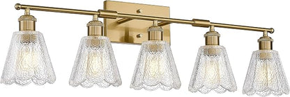HWH 5-Light Bathroom Vanity Light Fixtures, Brushed Brass Modern Wall Lights with Clear Floral Glass, Vintage Wall Sconce Lighting for Mirror, Bedroom, 5HJX110B-5W BG