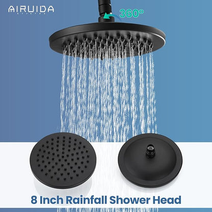 Airuida Exposed Shower System, 8 Inch Rainfall Shower Head with Handheld Spray, Single Handle Wall Mount Shower Faucet Set, Solid Brass Dual Function Exposed Pipe Fixture for Bathroom,Matte Black