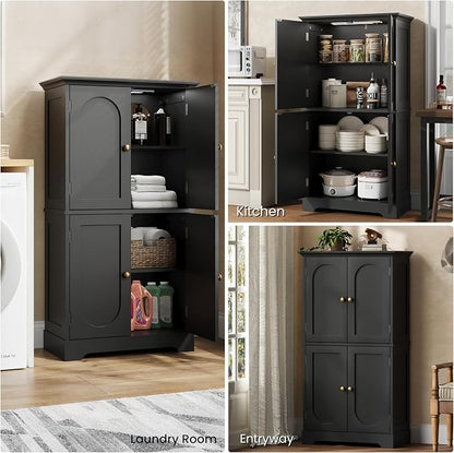 HAIOOU Bathroom Floor Cabinet with Motion Sensor Light, Classic Bathroom Storage Cabinet with Adjustable Glass Shelf, 4 Doors, Ample Storage for Hallway, Laundry Room, Living Room - Black
