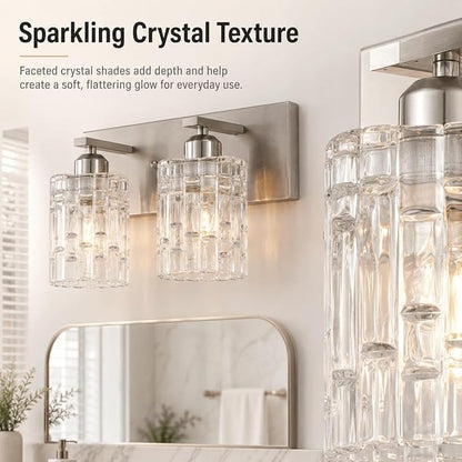 2-Light Nickel Crystal Bathroom Vanity Light Fixture Over Mirror, Modern Bathroom Wall Light for Living Room, Bedroom, Hallway