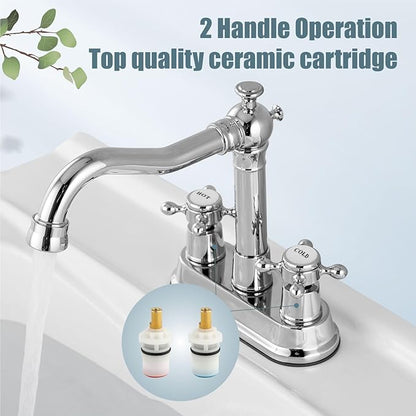 Aolemi 4 Inch Centerset Bathroom Sink Faucet Vintage 2 Cross Handle RV Mixer Tap Basin Vanity Lavatory Utility for Sink 3 Hole Include Hoses Pop Up Drain Faucet Handle with Label Polish Chrome
