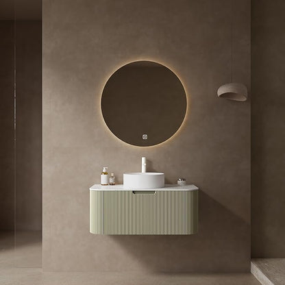 Yayzy 36" Floating Bathroom Vanity with Sink, Solid Wood Fluted Cabinet, White Round Ceramic Basin & Faux Marble Top, Soft-Close Drawer, Pre-Assembled, Light Green