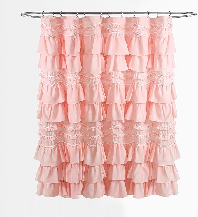 Lush Decor Kemmy Ruffled Shower Curtain, Single, 72" W x 72" L, Peachy Pink - Bathroom Curtain - Fabric Shower Curtains for Bathroom - Coquette Decor
