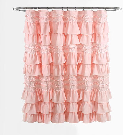 Lush Decor Kemmy Ruffled Shower Curtain, Single, 72" W x 72" L, Peachy Pink - Bathroom Curtain - Fabric Shower Curtains for Bathroom - Coquette Decor