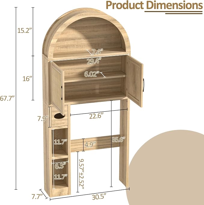 Spurgehom Over Toilet Storage Cabinet, Bathroom Arch Organizer,Rattan | Freestanding Arch Bathroom Cabinet with Anti-Tipping Safety Kit, Space-Saving Toilet Storage Shelf, Toiletries Organization.