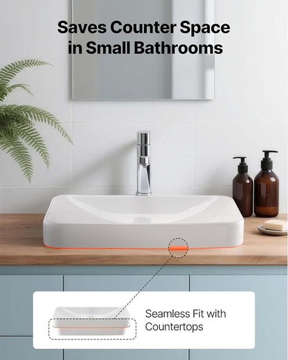 VEVOR Semi Recessed Bathroom Sink, 19.29 x 12.01 Inch Rectangular White Ceramic Vessel Sink with 1-3/4 Inch Drain Hole, Drop in Modern Lavatory Vanity Bath Wash Bowl Basin, Rectangle for Small Space