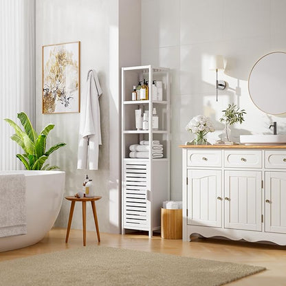 HITNET Bathroom Tall Cabinet, Floor Standing Bamboo Storage Cabinet with 6 Shelves and Shutter Door for Kitchen Living Room, White